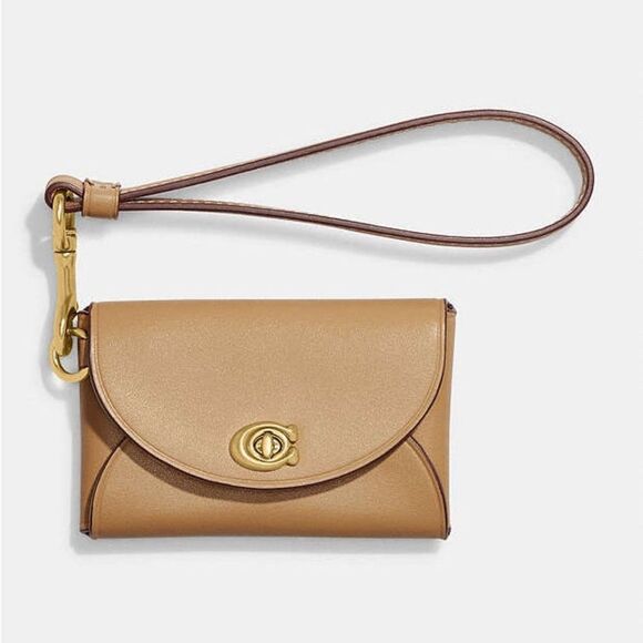NWT Coach Turnlock Tan Card Case Holder Wristlet - Picture 1 of 7